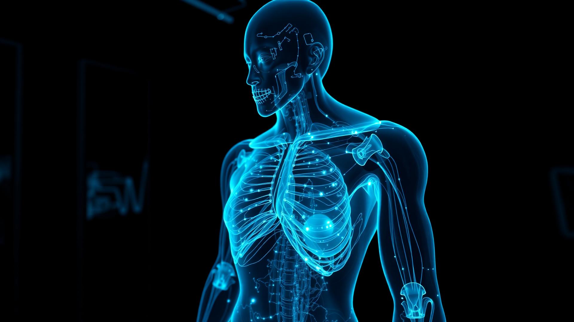 Holographic digital twin of a human torso rendered from live clinical data in a dark research lab